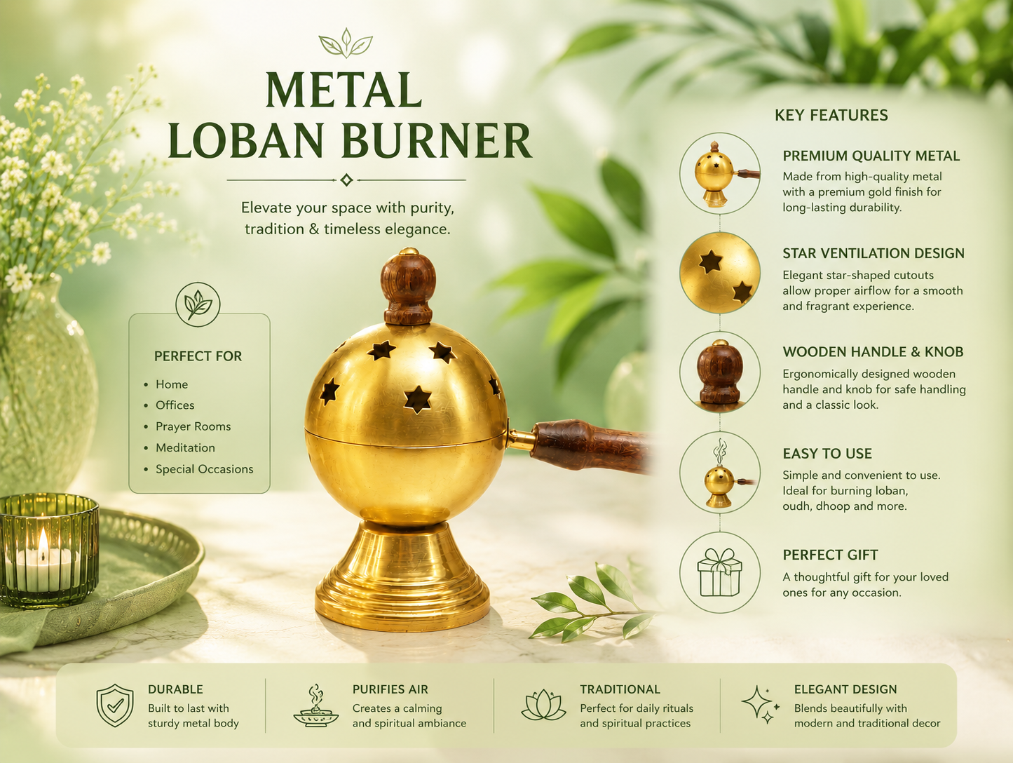 Star Cut Metal Loban Burner with Wooden Handle
