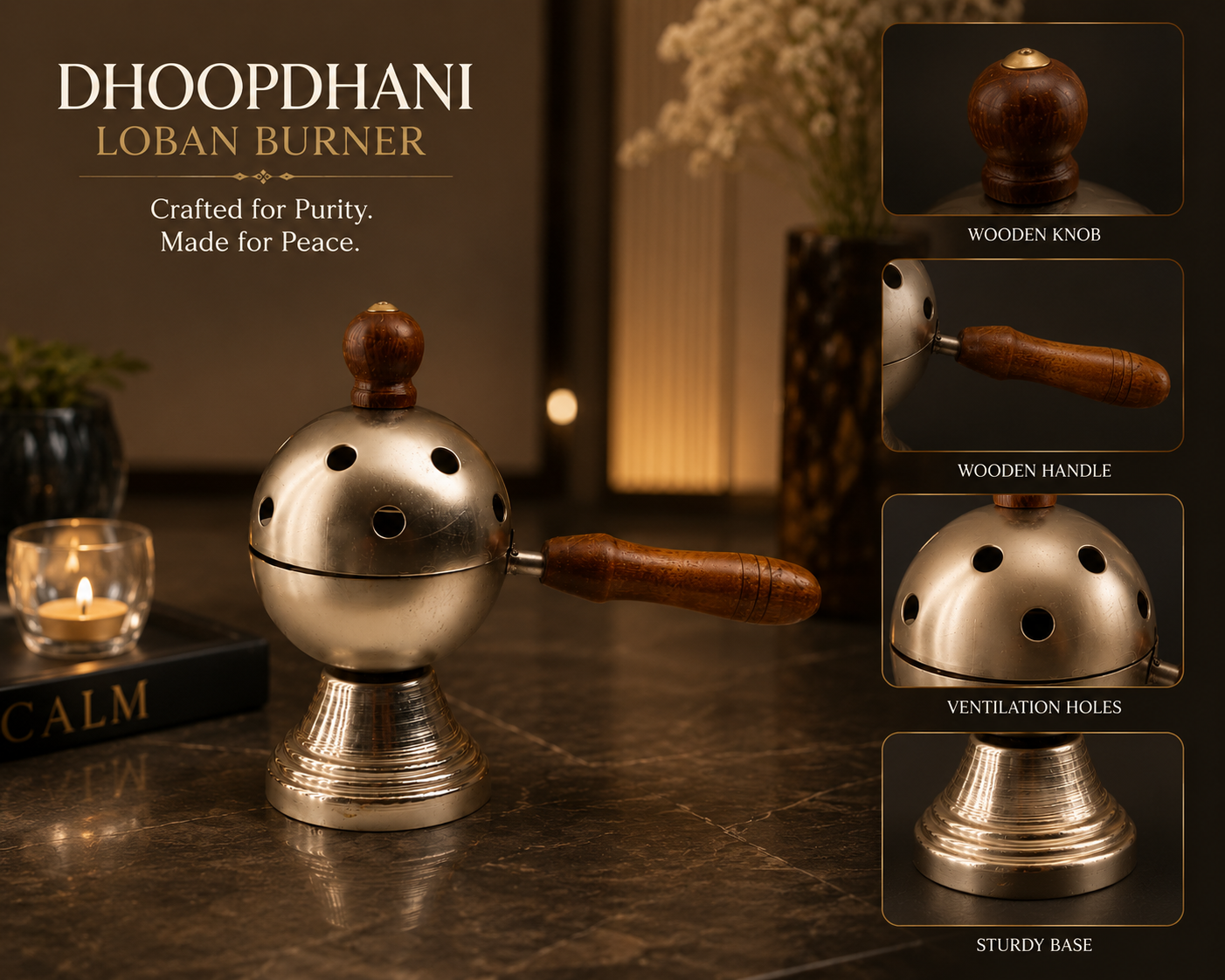 Round Metal Loban Burner with Wooden Handle