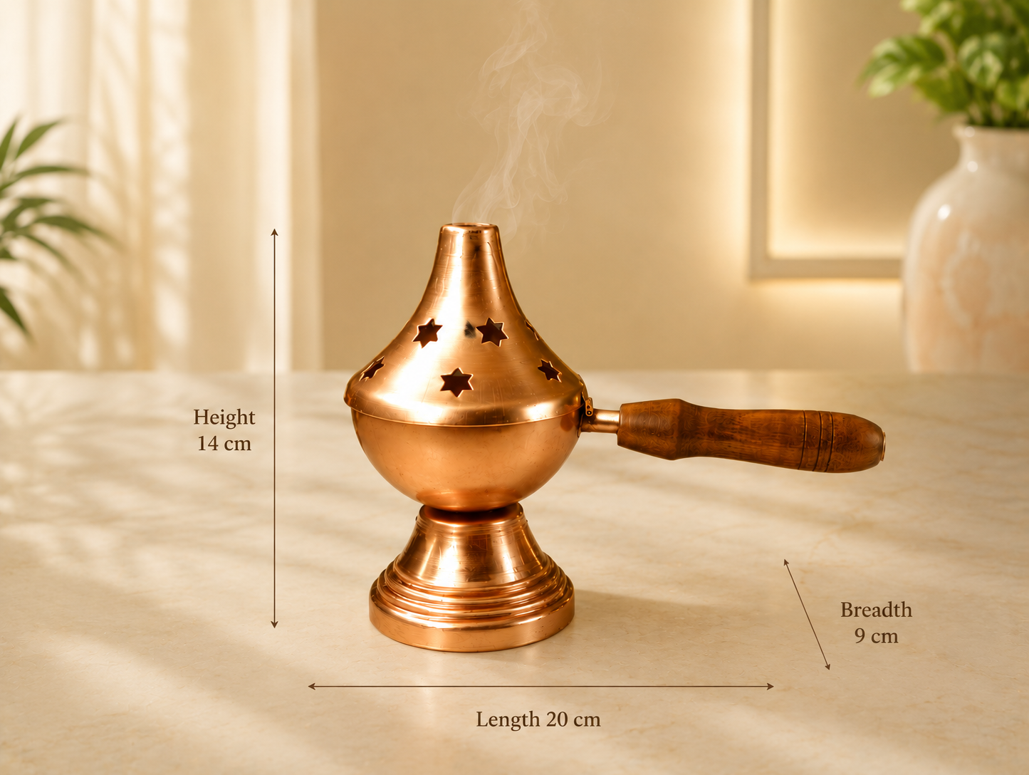 Temple Style Metal Loban Burner with Wooden Handle