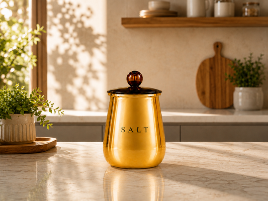 Premium Gold Metal Salt Storage Container with Decorative Knob Lid for Kitchen Counter