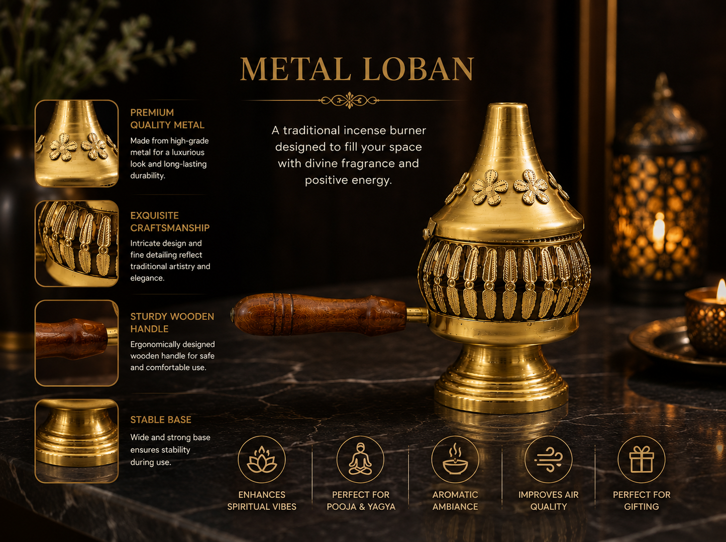Floral Metal Loban Burner with Wooden Handle