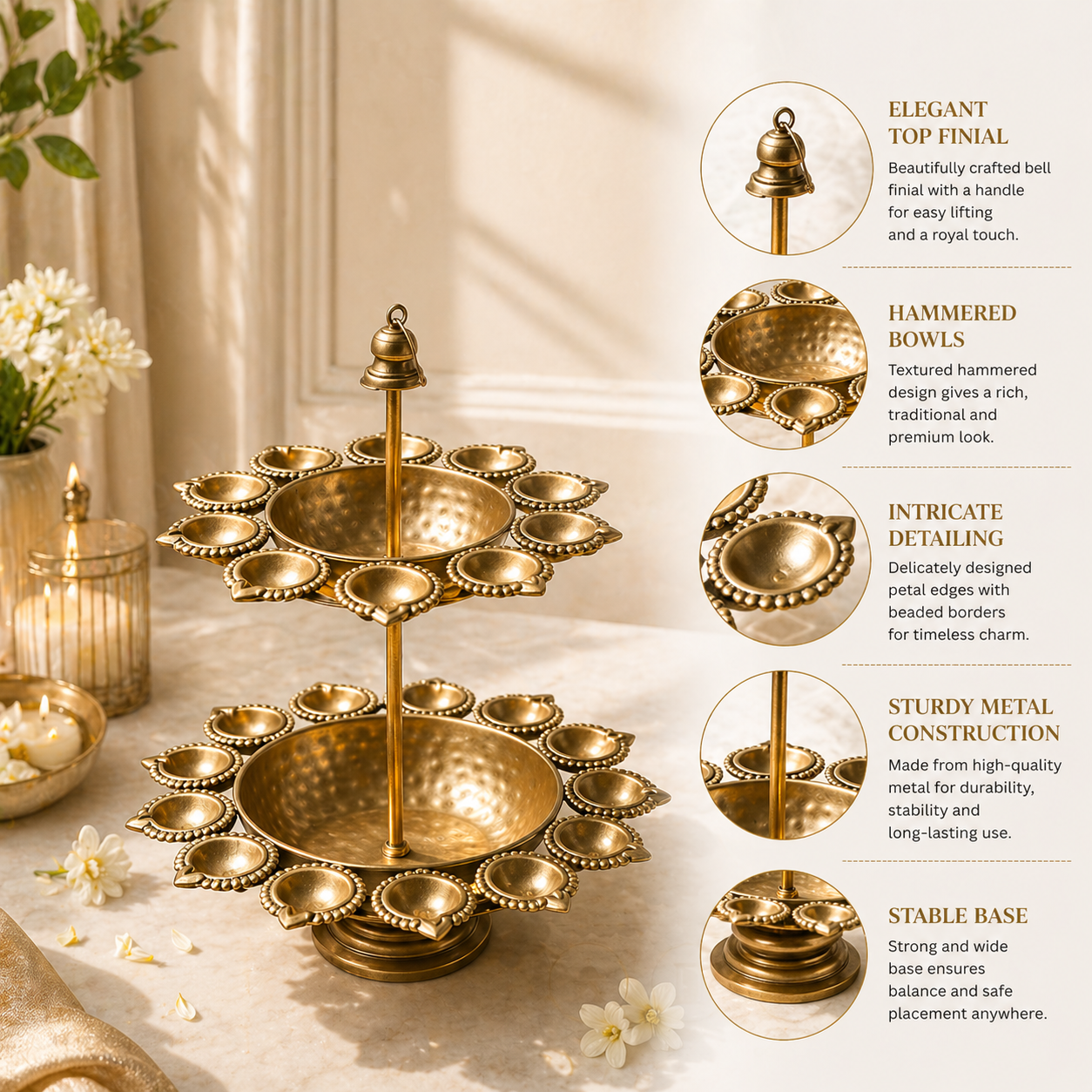 Metal Urli with Multi Diyas – Luxury Two Layer Urli Stand for Diwali, Pooja & Festive Home Decoration, Decorative Metal Urli Centerpiece with Gold Finish for Mandir & Table Decor