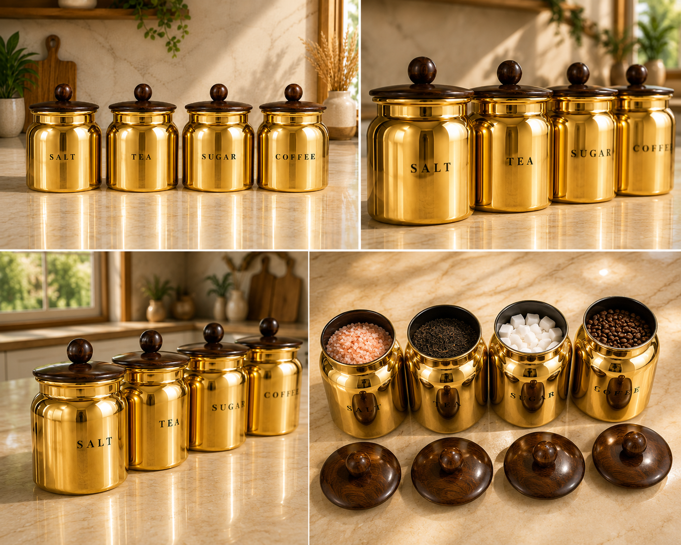 Gold Metal Salt Tea Sugar Coffee Canister Set with Wooden-Style Lids – Premium 4 Piece Kitchen Storage for Pantry, Countertop & Coffee Bar