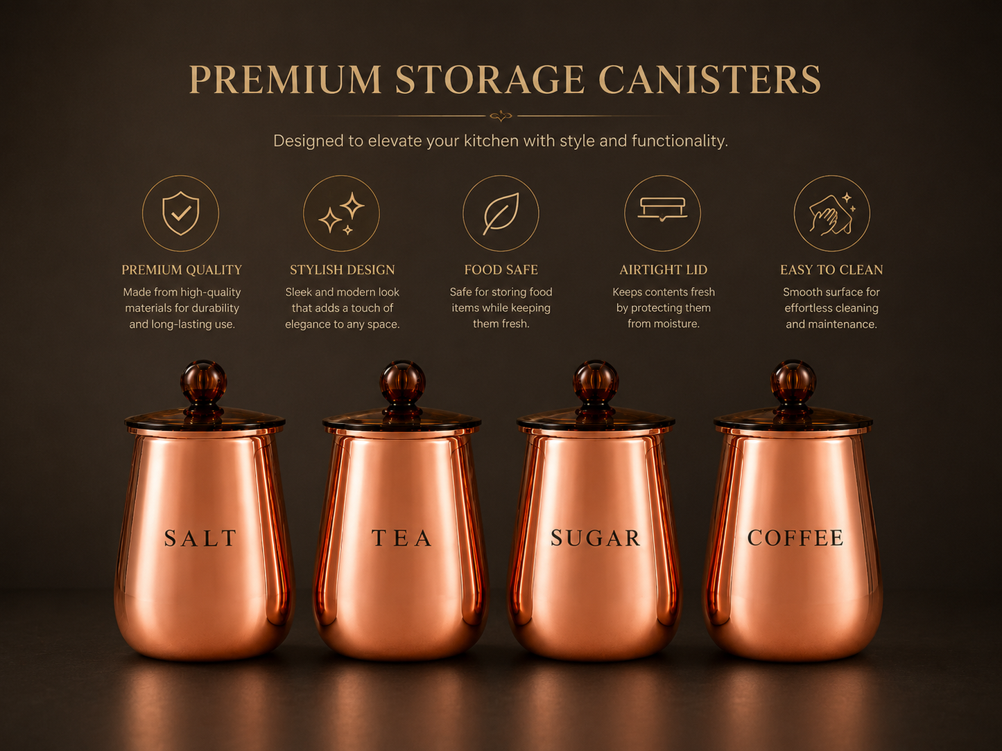 Premium Rose Gold Salt Tea Sugar Coffee Storage Containers with Lids – Set of 4