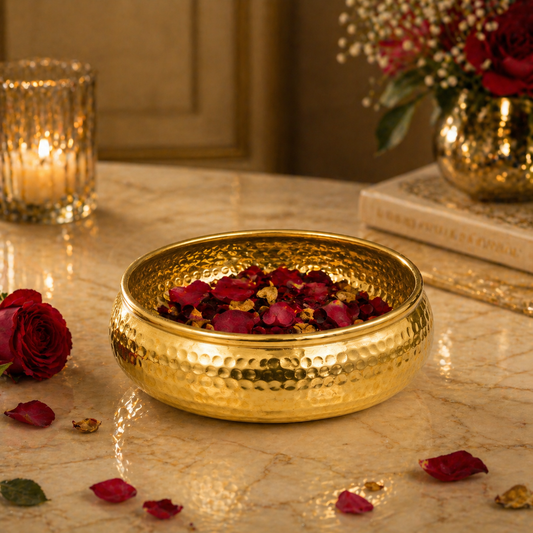 Gold Finish Metal Decorative Bowl for Home Decor | Luxury Centerpiece Bowl for Table | Festive & Wedding Decoration | Multipurpose Pooja & Flower Display Bowl