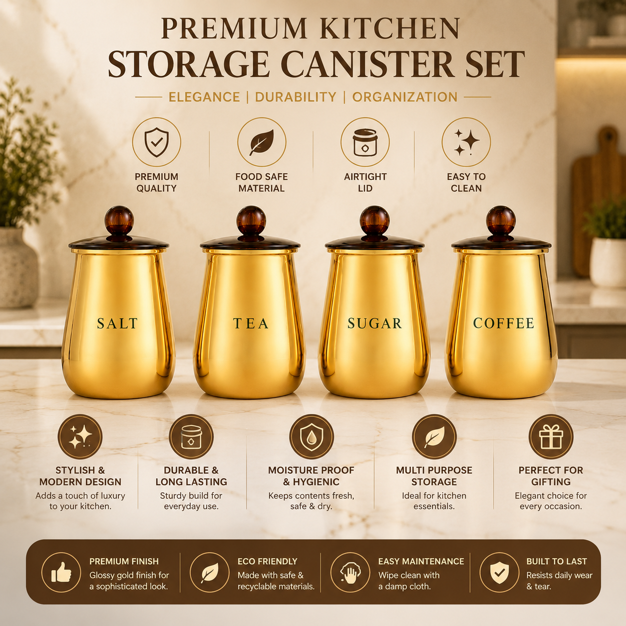 Premium Gold Salt Tea Sugar Coffee Storage Containers with Decorative Lids – Set of 4