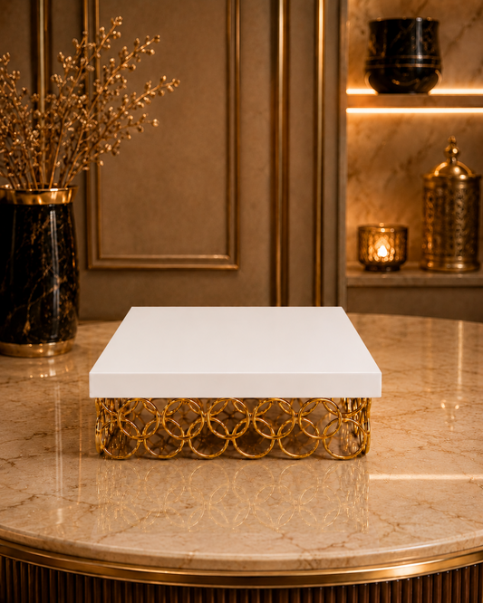 White Square Metal Cake Stand with Golden Ring Base – Premium Dessert Display Stand for Cake, Cupcakes, Sweets, Party & Table Decor