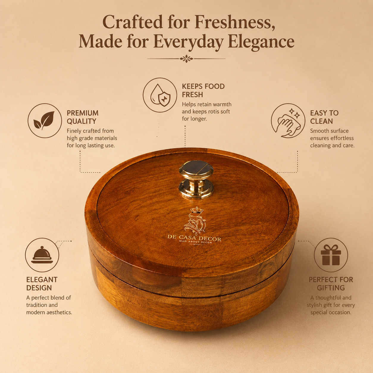 Premium Wooden Roti Box with Lid and Metal Knob for Chapati & Paratha Storage