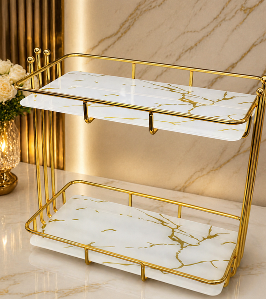 2 Tier Corner Shelf | Elegant Gold Bathroom Shelf with Premium Double Layer Design | Modern Countertop Organizer Shelf & Decorative Storage Rack for Bathroom, Vanity, Kitchen & Home Essentials