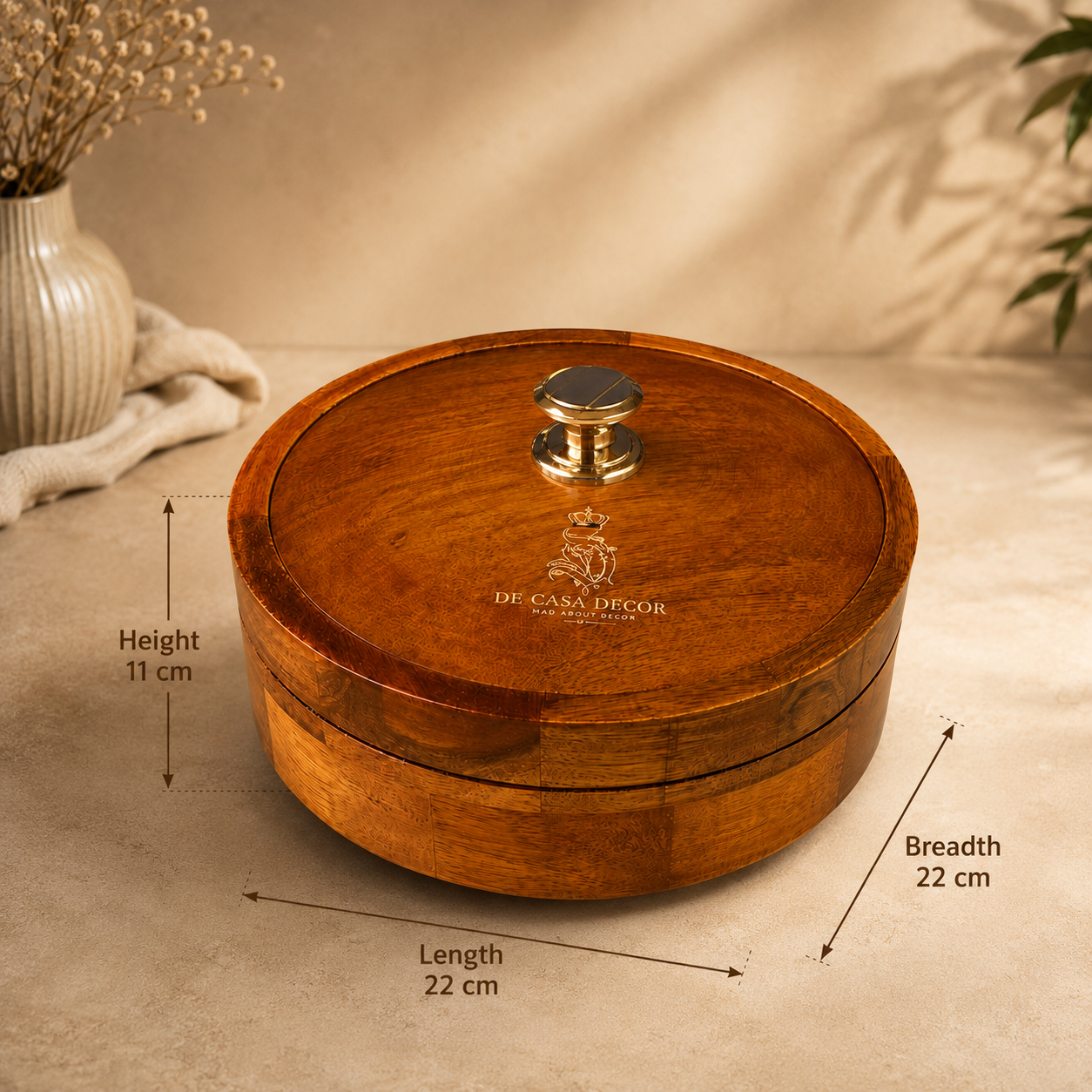 Premium Wooden Roti Box with Lid and Metal Knob for Chapati & Paratha Storage