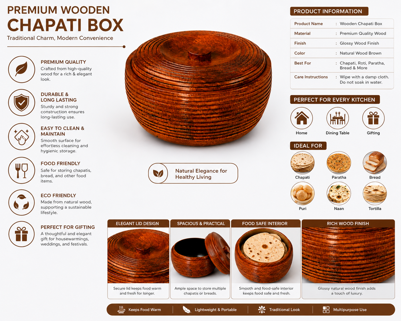 Premium Copper Brown Roti Box with Lid – Round Chapati Storage Container for Kitchen & Dining Table