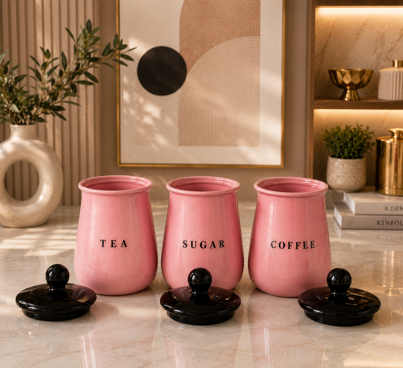 Glossy Pink Metal Tea Sugar Coffee Container Set with Black Lids – Premium Kitchen Storage Canisters for Countertop, Pantry & Coffee Station
