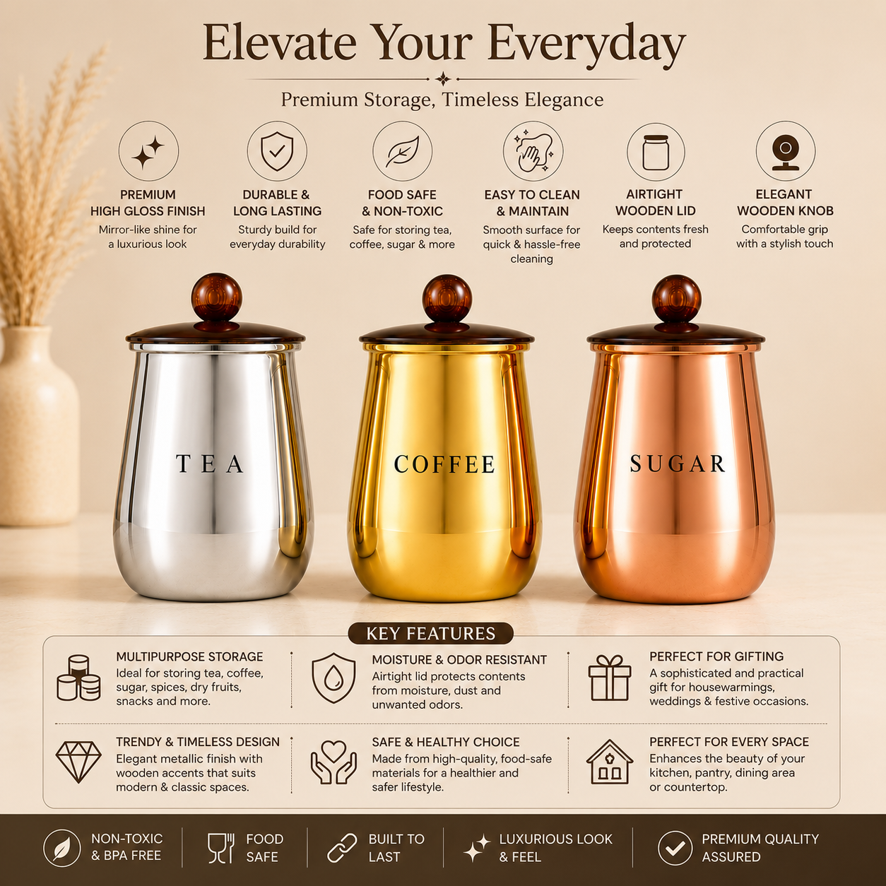 Premium Multi-Finish Metal Tea Coffee Sugar Container Set of 3 with Decorative Knob Lids