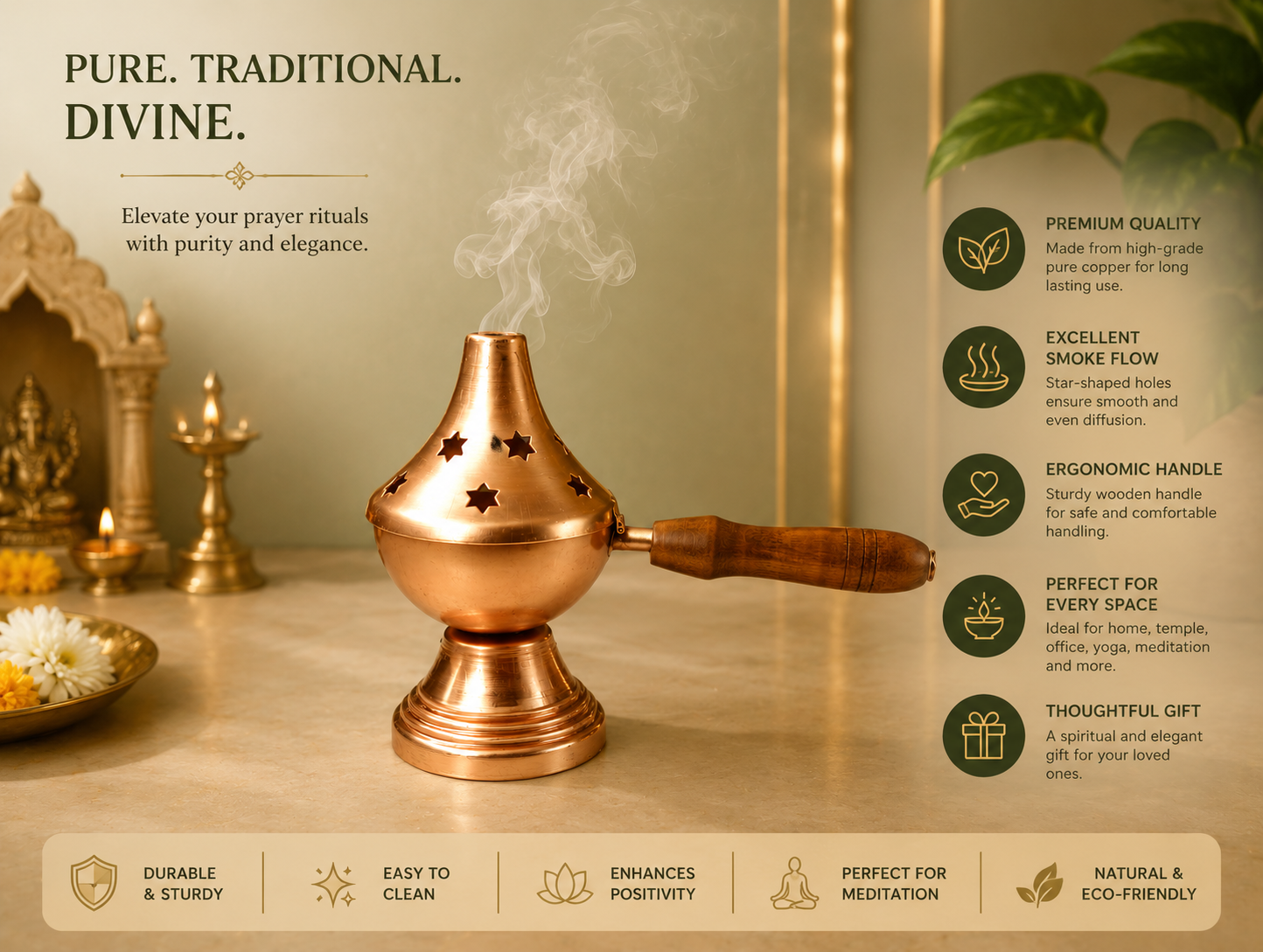 Temple Style Metal Loban Burner with Wooden Handle