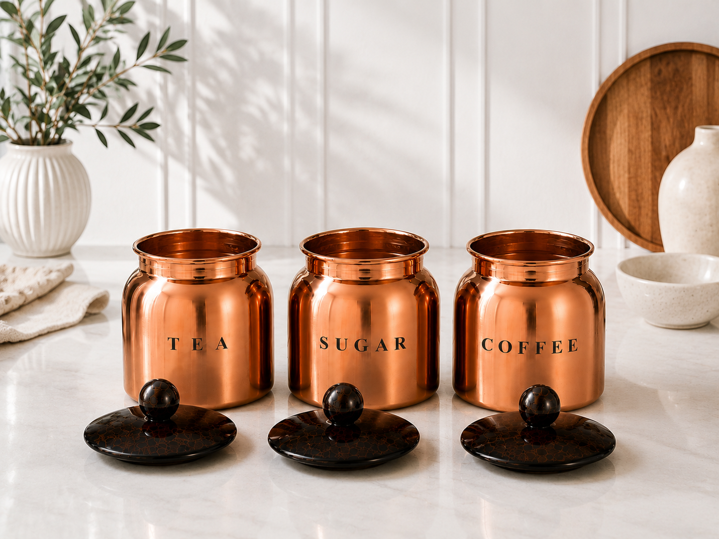 Metal Tea Sugar Coffee Canister Set with Wooden-Style Lids – Premium 3 Piece Kitchen Storage for Countertop, Pantry & Coffee Station