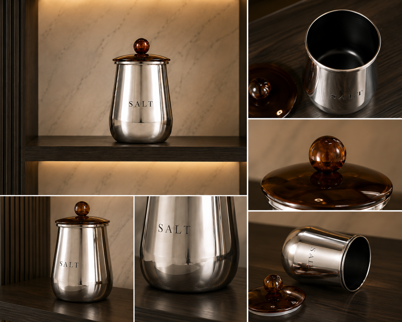 Premium Silver Metal Salt Storage Container with Decorative Knob Lid for Kitchen Counter