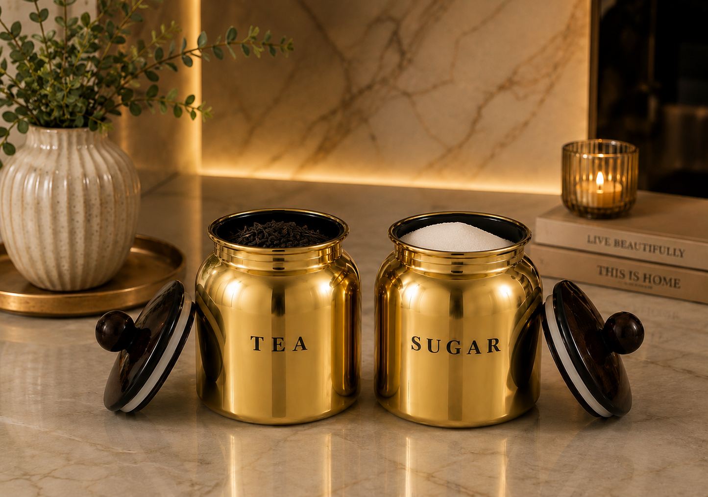 Glossy Gold Metal Tea Sugar Canister Set with Wooden-Style Lids – Premium 2 Piece Kitchen Storage for Countertop, Pantry & Tea Station