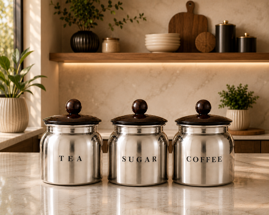Premium Silver Metal Tea Sugar Coffee Canister Set with Wooden-Style Lids – Luxury Kitchen Countertop Storage for Pantry, Tea Station & Coffee Bar