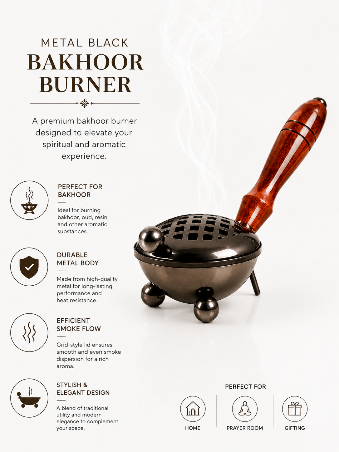 Metal Incense Burner with Wooden Handle | Stylish Loban, Bakhoor & Dhoop Holder for Home Décor, Mandir & Meditation Space