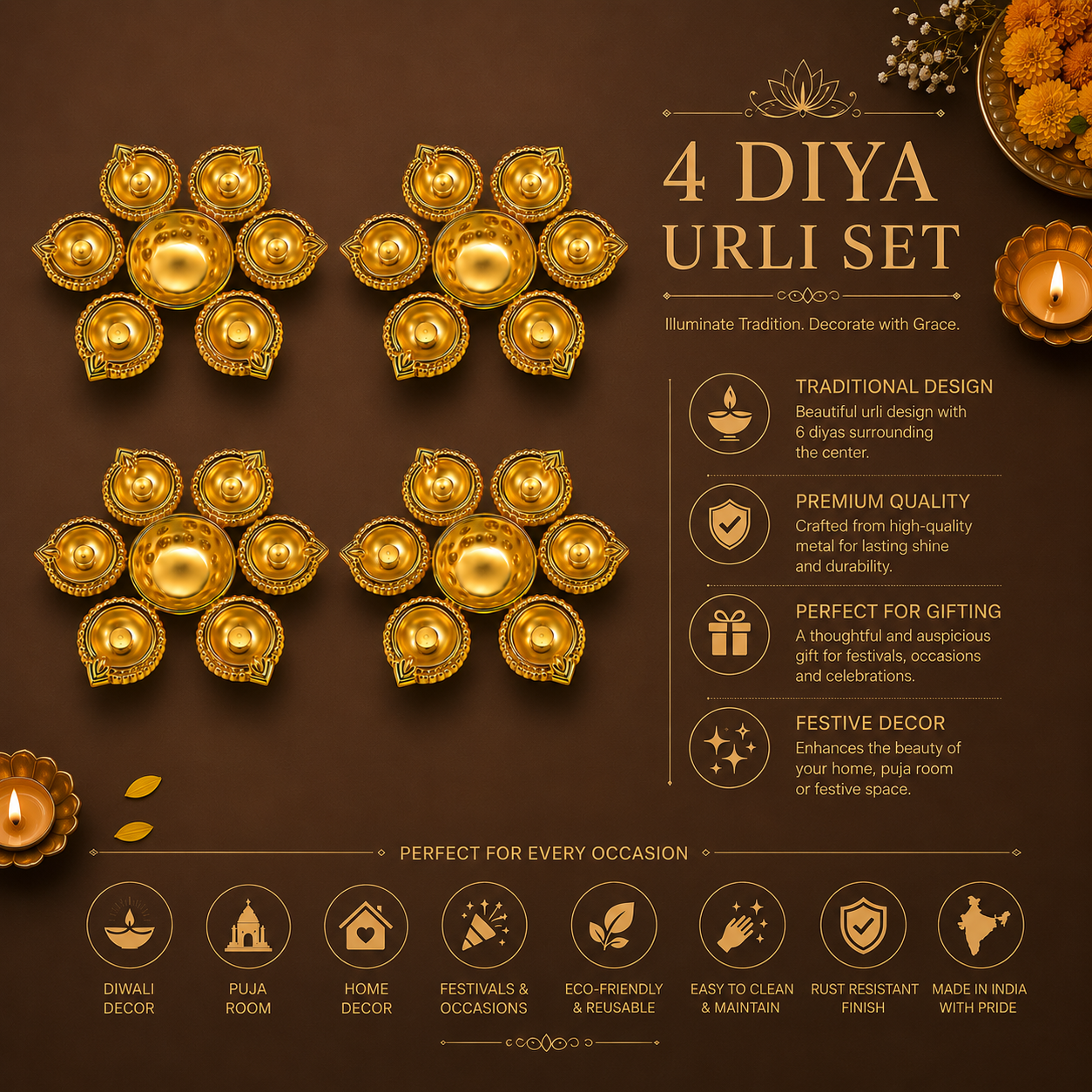 Luxury Golden Metal Diya Urli Set (Pack of 4) | Decorative Flower Urli Bowl with 6 Diyas | Diwali, Pooja & Festive Home Decor