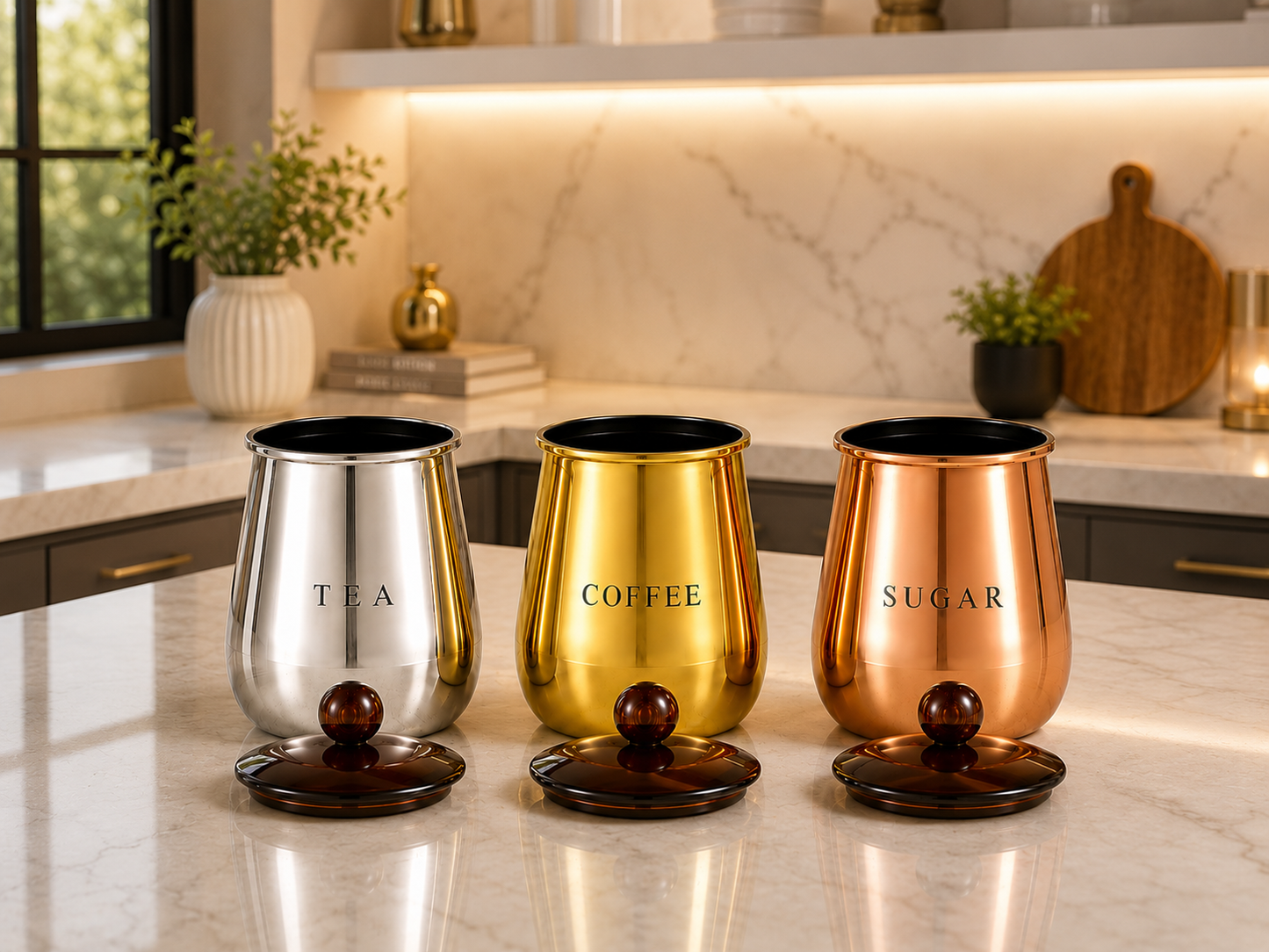 Premium Multi-Finish Metal Tea Coffee Sugar Container Set of 3 with Decorative Knob Lids