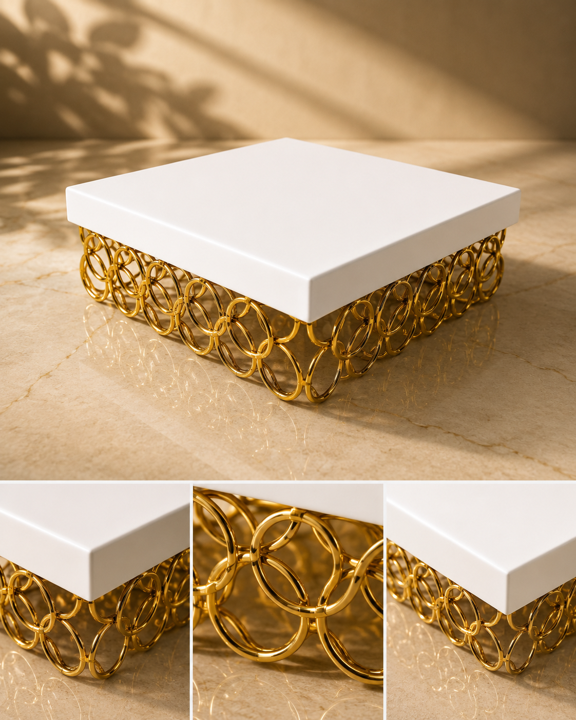 White Square Metal Cake Stand with Golden Ring Base – Premium Dessert Display Stand for Cake, Cupcakes, Sweets, Party & Table Decor
