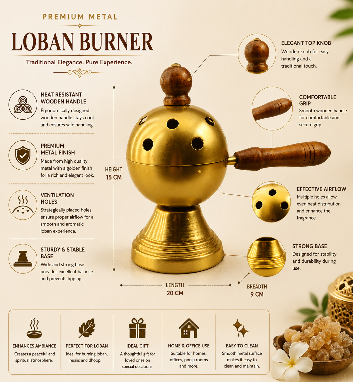 Metal Loban Burner with Wooden Handle