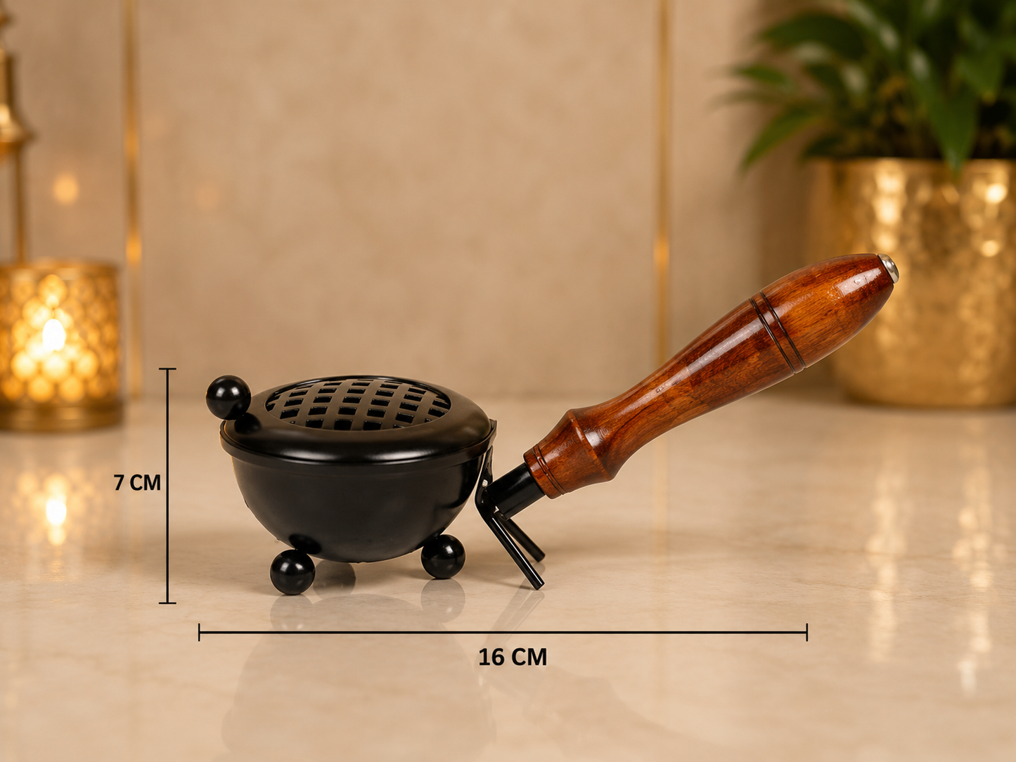 Metal Incense Burner with Wooden Handle | Stylish Loban, Bakhoor & Dhoop Holder for Home Décor, Mandir & Meditation Space