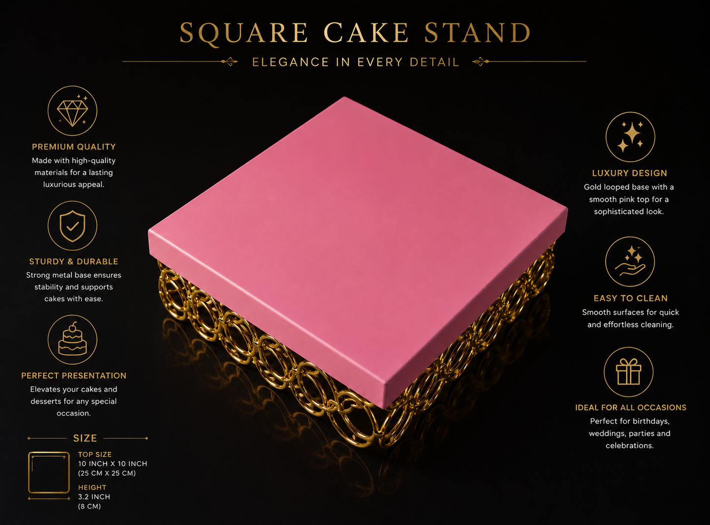 Pink Square Metal Cake Stand with Golden Ring Base – Premium Dessert Display Stand for Cake, Cupcakes, Sweets, Party & Table Decor