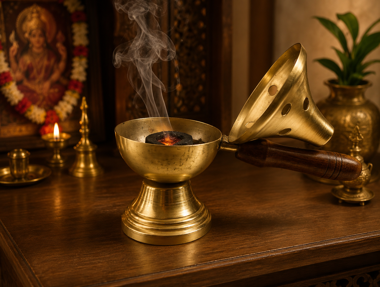 Metal Loban Burner with Wooden Handle for Puja