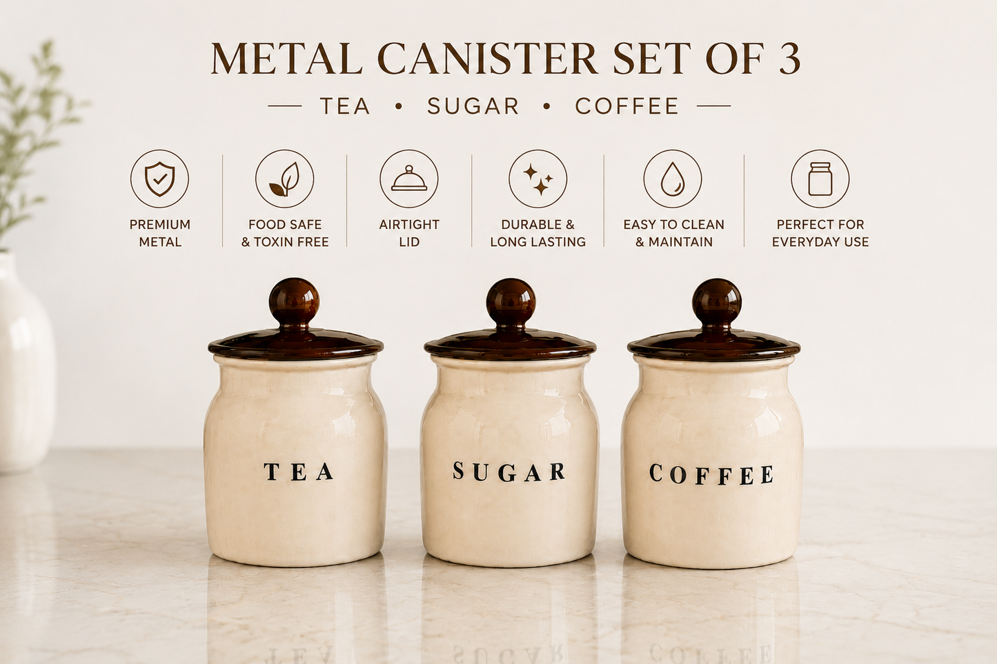 Metal Tea Sugar Coffee Container Set with Black Lids – Premium Kitchen Storage Canisters for Countertop, Pantry & Tea Coffee Station