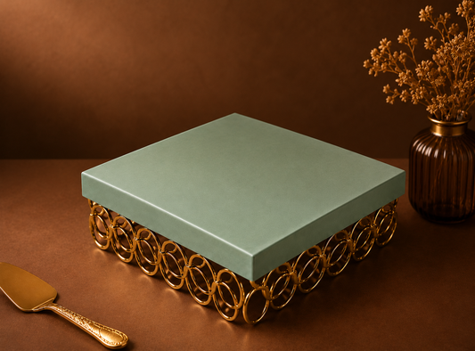 Square Metal Cake Stand in teal color  with Golden Ring Base – Premium Dessert Display Stand for Cake, Cupcakes, Sweets, Party & Table Decor