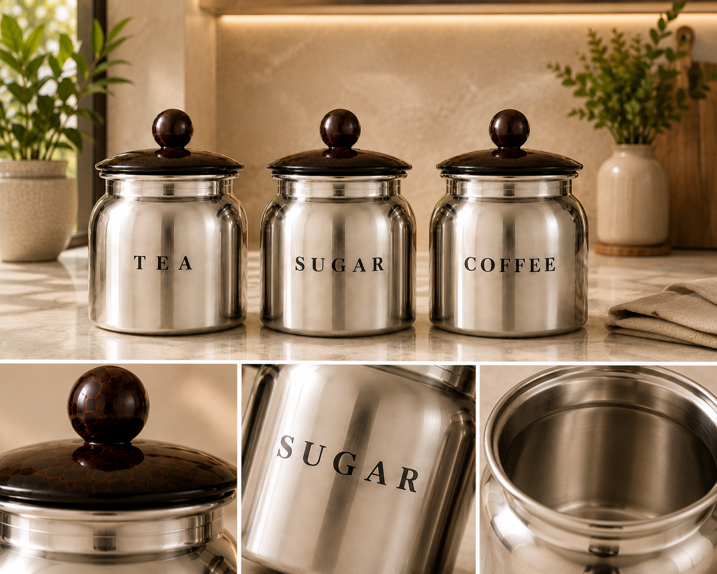 Premium Silver Metal Tea Sugar Coffee Canister Set with Wooden-Style Lids – Luxury Kitchen Countertop Storage for Pantry, Tea Station & Coffee Bar