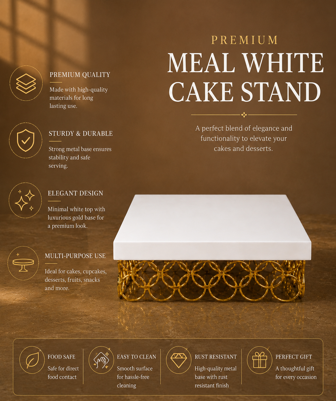 White Square Metal Cake Stand with Golden Ring Base – Premium Dessert Display Stand for Cake, Cupcakes, Sweets, Party & Table Decor