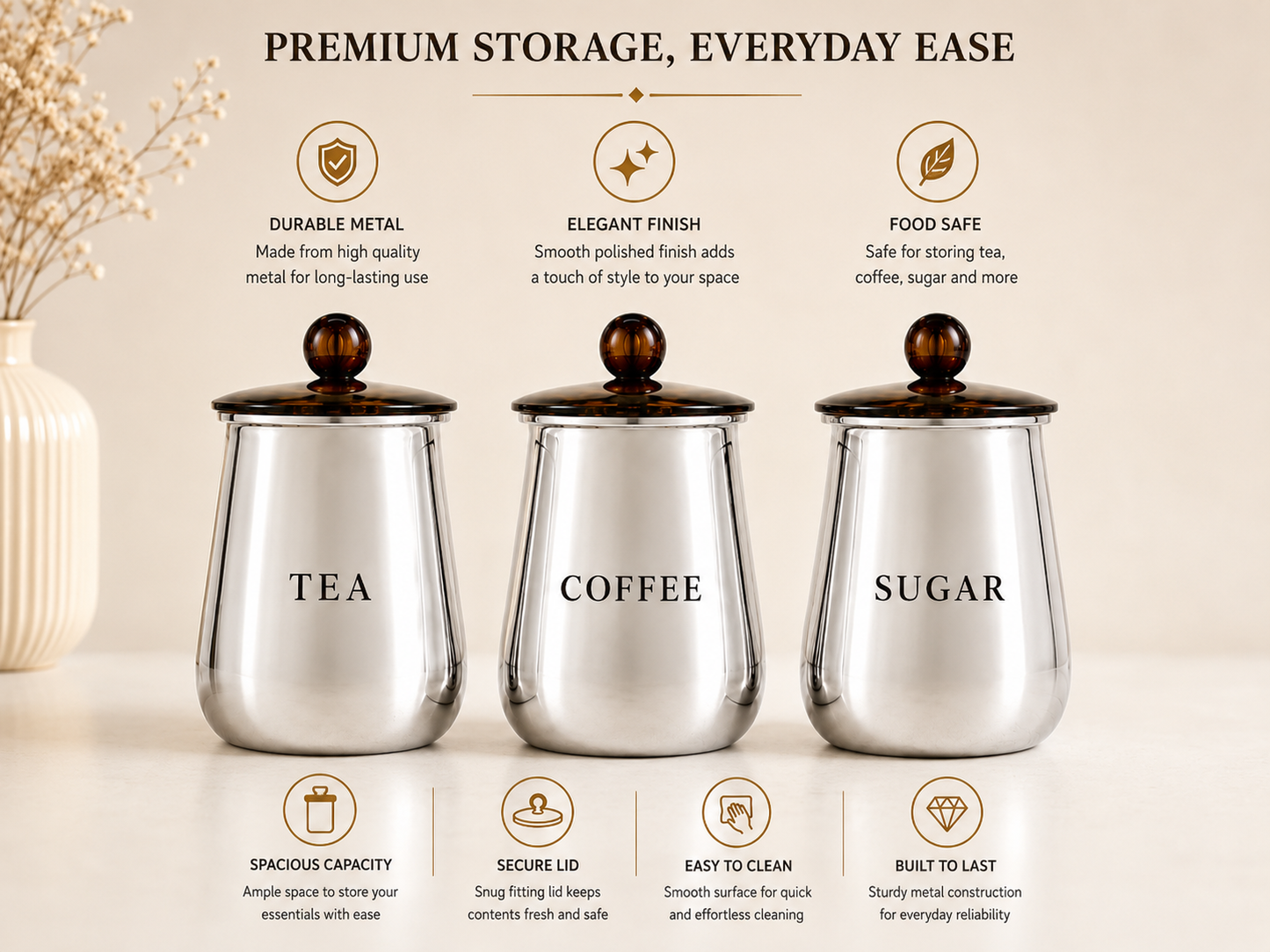 Premium Silver Metal Tea Coffee Sugar Containers Set of 3 with Black Lids