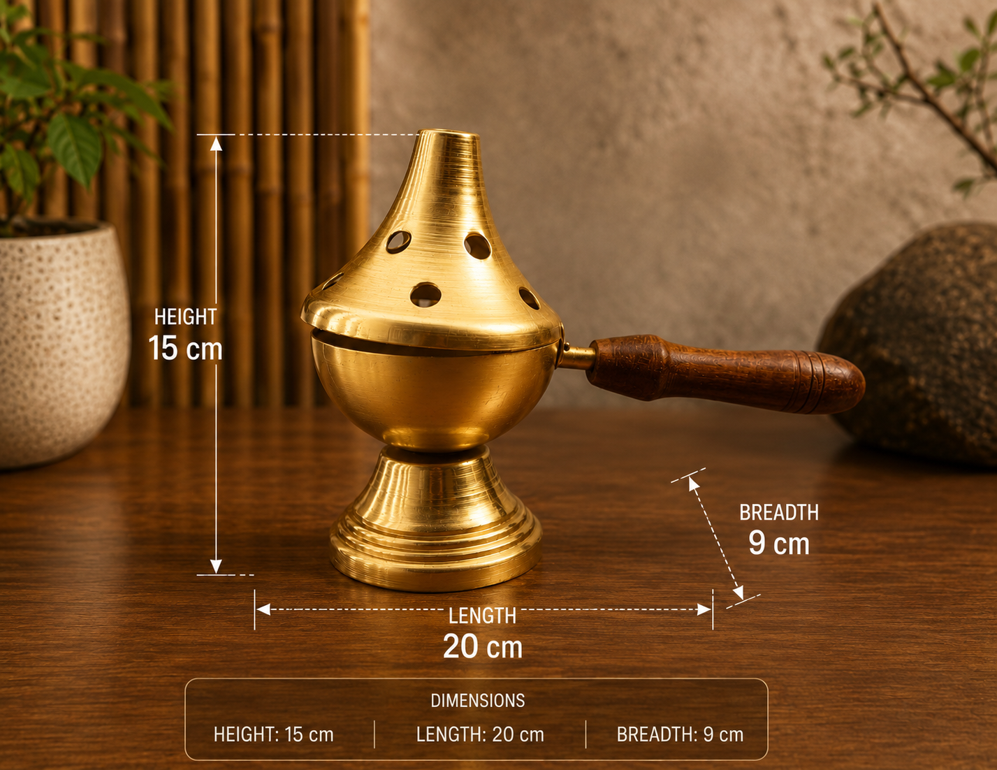 Metal Loban Burner with Wooden Handle for Puja