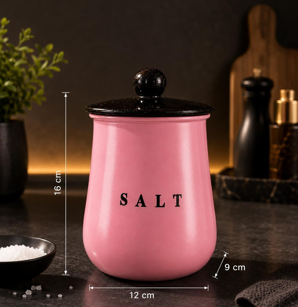 Glossy Pink Metal Salt Container with Black Lid – Stylish Kitchen Countertop Salt Storage Canister for Pantry, Spices & Masala