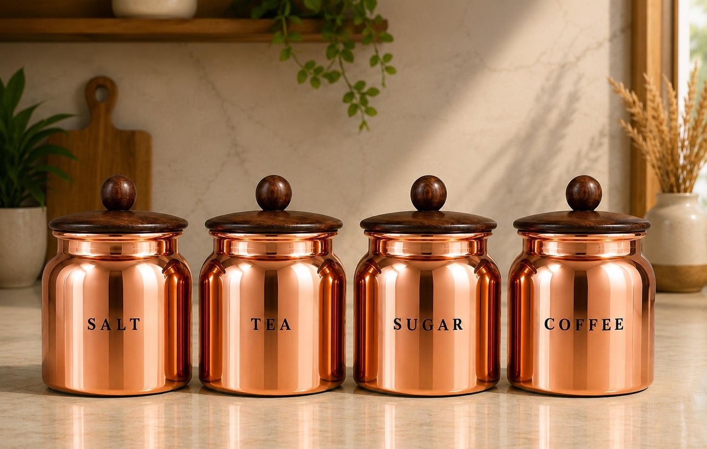 Salt Metal Tea Sugar Coffee Canister Set with Wooden-Style Lids – Premium 4 Piece Kitchen Storage for Countertop, Pantry & Coffee Station
