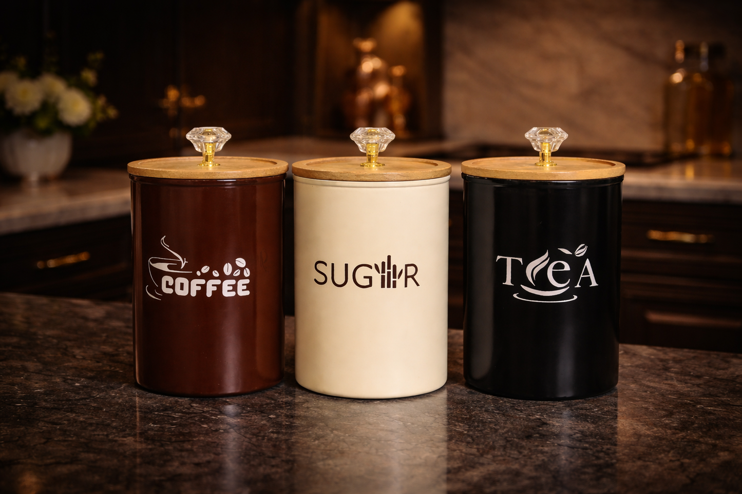 Premium Metal Storage Jars Set for Kitchen – Coffee, Sugar, Tea Canisters with Airtight Wooden Lid
