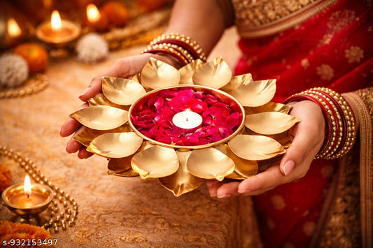 Lotus Flower Metal Urli for Diwali Decoration | Decorative Floral Urli Bowl with Floating Flower Design for Pooja Room, Wedding Centerpiece & Luxury Home Decor