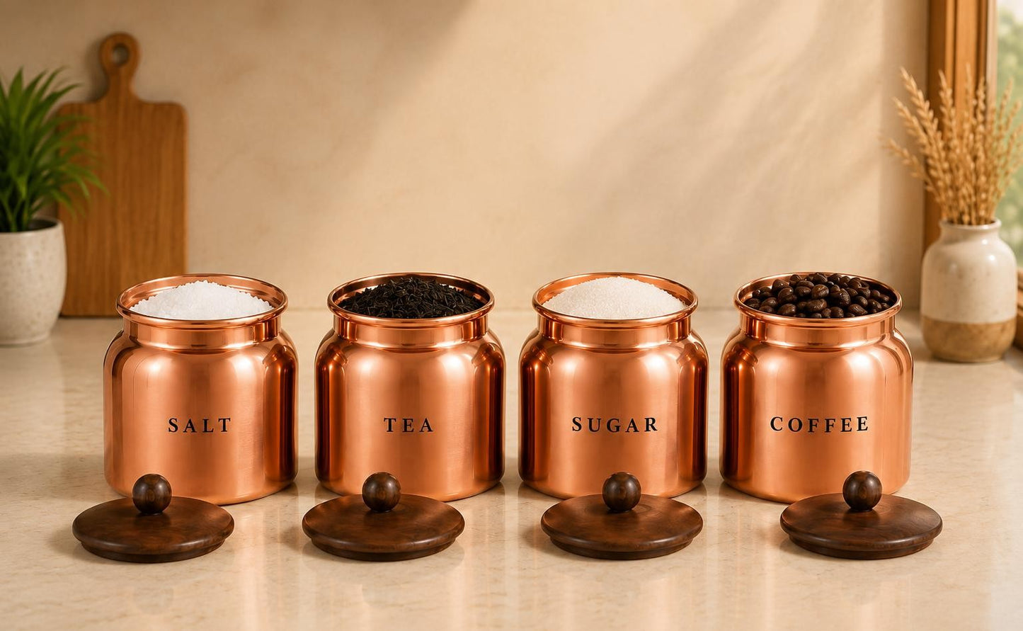 Salt Metal Tea Sugar Coffee Canister Set with Wooden-Style Lids – Premium 4 Piece Kitchen Storage for Countertop, Pantry & Coffee Station