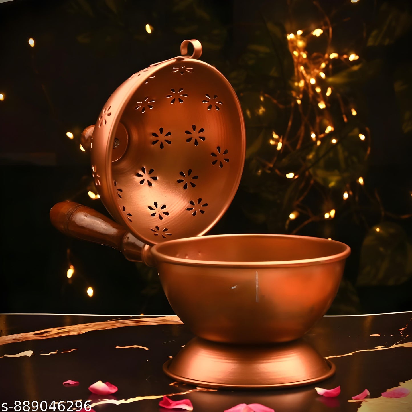 Copper Finish Metal Loban Burner with Wooden Handle | Premium Dhoop Dani Incense Burner for Home, Pooja, Temple & Aromatherapy | Kapoor Dani & Home Fragrance Diffuser