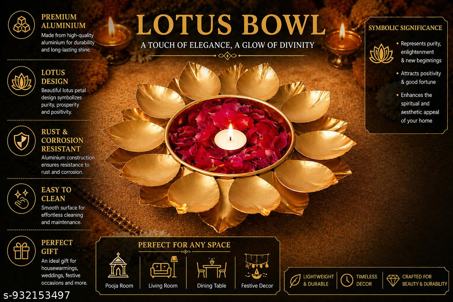 Lotus Flower Metal Urli for Diwali Decoration | Decorative Floral Urli Bowl with Floating Flower Design for Pooja Room, Wedding Centerpiece & Luxury Home Decor