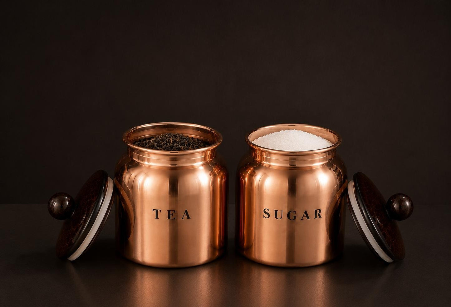 Glossy Copper Metal Tea Sugar Canister Set with Wooden-Style Lids – Premium 2 Piece Kitchen Storage for Countertop, Pantry & Tea Station