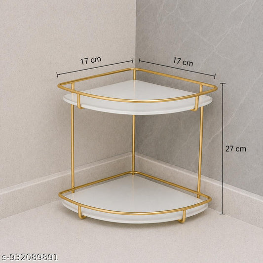 2 Tier Bathroom Shelf | Elegant Gold Corner Shelf for Bathroom & Vanity | Premium Metal Corner Stand with Double Layer Storage | Modern Bathroom Counter Organizer for Cosmetics, Toiletries, Skincare & Home Décor