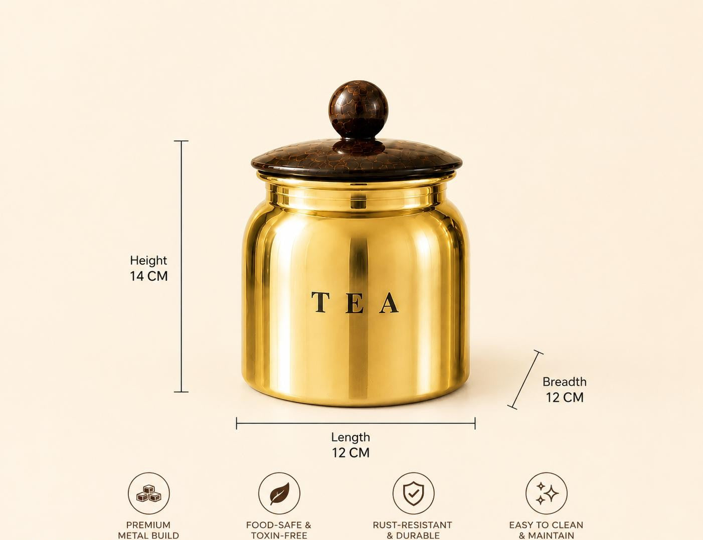 Glossy Gold Metal Tea Sugar Canister Set with Wooden-Style Lids – Premium 2 Piece Kitchen Storage for Countertop, Pantry & Tea Station